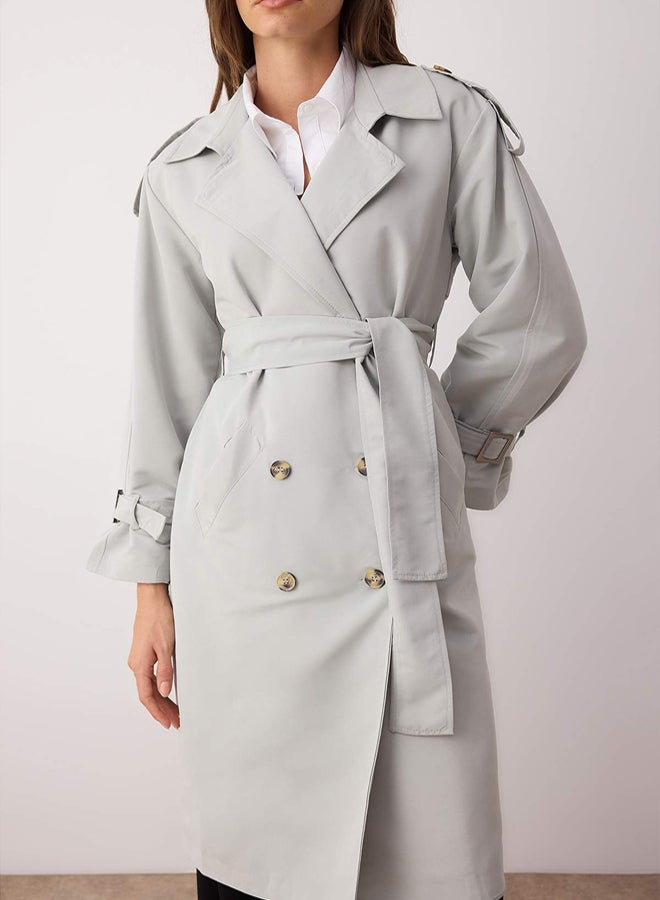trendyol Grey Oversize Wide-Cut Belted Water-repellent Long Trench Coat - Image 3