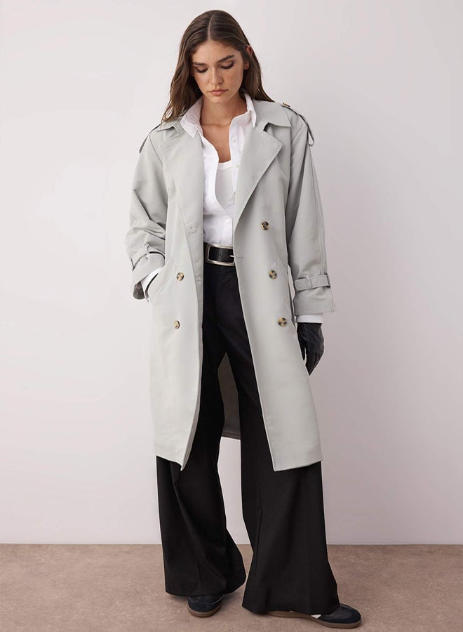 trendyol Grey Oversize Wide-Cut Belted Water-repellent Long Trench Coat - Image 1