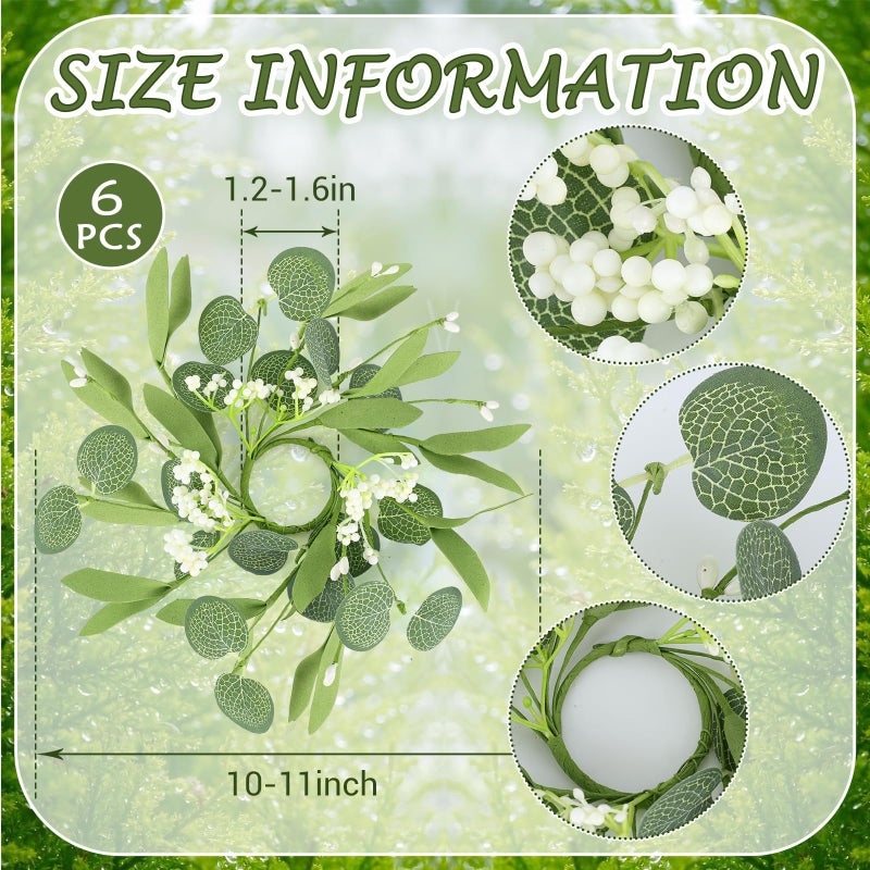 YLOLUL 6 PCS Eucalyptus Taper Candle Rings Wreaths 1.38" Mini Spring Summer Floral Taper Candle Holder Wreaths Green Artificial Flower Table Centerpieces Wreath for Church Farmhouse Home Candlesticks Decor - Image 3