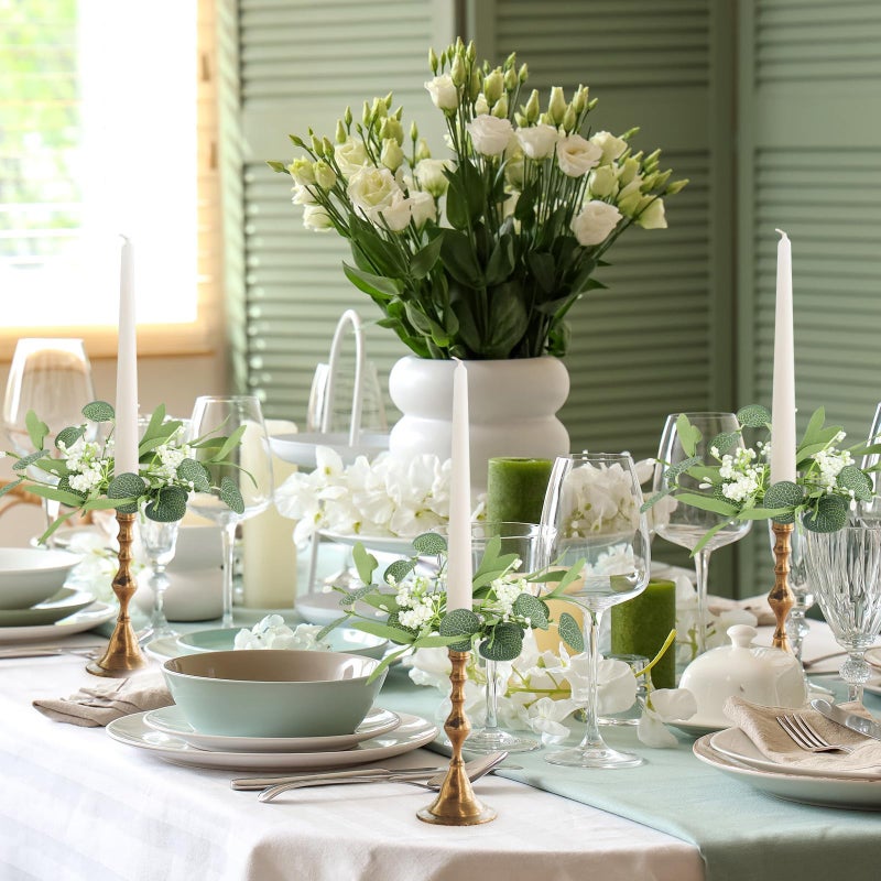YLOLUL 6 PCS Eucalyptus Taper Candle Rings Wreaths 1.38" Mini Spring Summer Floral Taper Candle Holder Wreaths Green Artificial Flower Table Centerpieces Wreath for Church Farmhouse Home Candlesticks Decor - Image 5