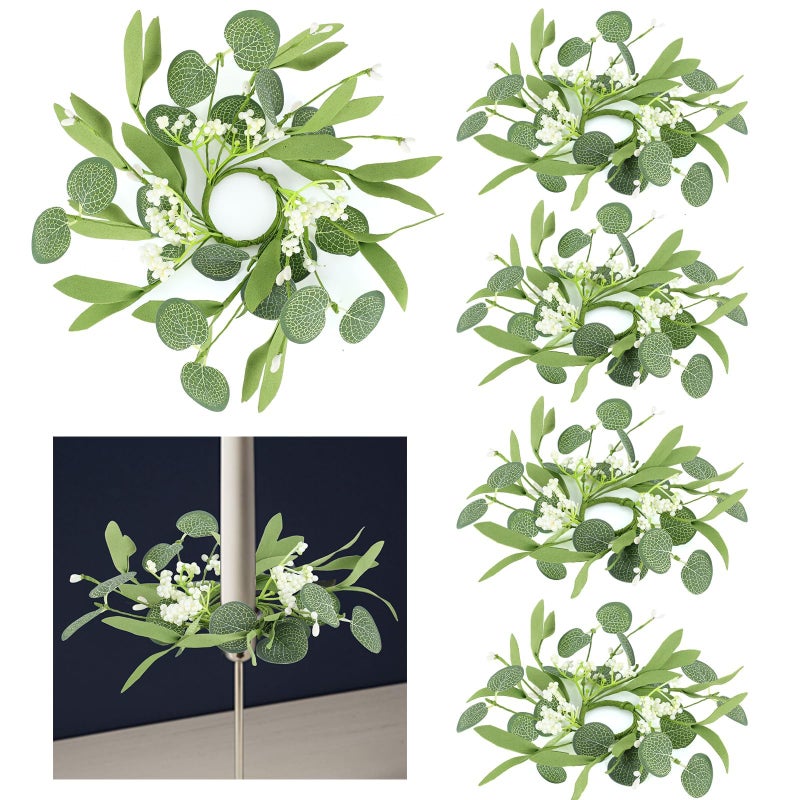 YLOLUL 6 PCS Eucalyptus Taper Candle Rings Wreaths 1.38" Mini Spring Summer Floral Taper Candle Holder Wreaths Green Artificial Flower Table Centerpieces Wreath for Church Farmhouse Home Candlesticks Decor - Image 1