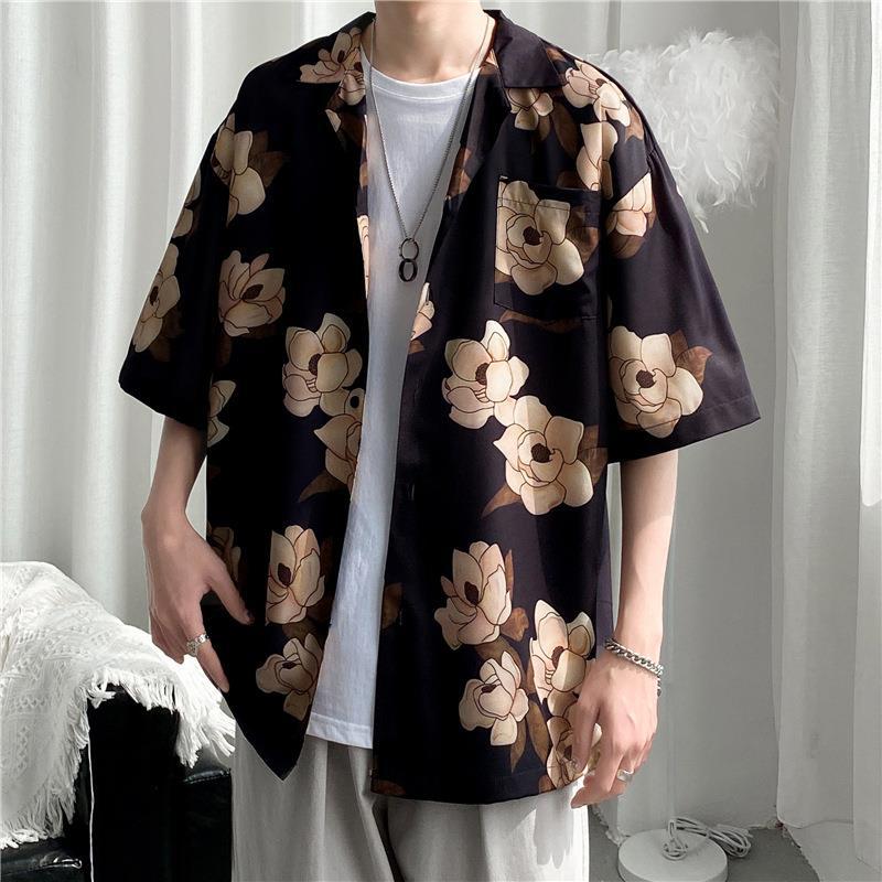 Hong Kong Style Vintage Hawaiian Style Short-Sleeved Cuban Collar Floral Shirt Mens Yuppie Retro Sexy Fun Shirt 1308 short sleeve shirt