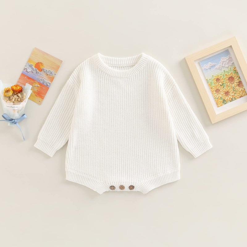 ZAXARRA Newborn Coming Home Baby Sweater Romper Long Sleeve Round Neck Solid Color Knit Bodysuit Infant Boy Girl Outfit (White, Newborn) - Image 5