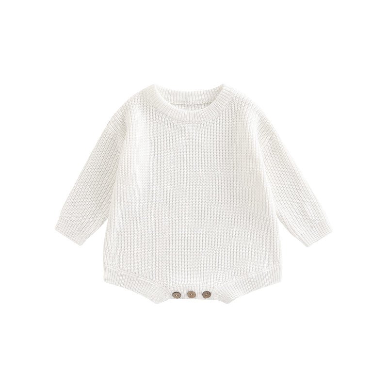 ZAXARRA Newborn Coming Home Baby Sweater Romper Long Sleeve Round Neck Solid Color Knit Bodysuit Infant Boy Girl Outfit (White, Newborn) - Image 1