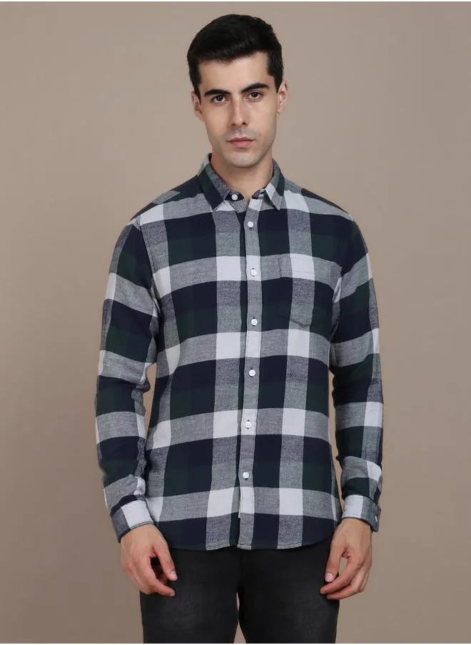 دينيس لينغو Slim Fit Navy 100% Cotton Checked Shirt for Men - Spread Collar, Full Sleeves, Casual