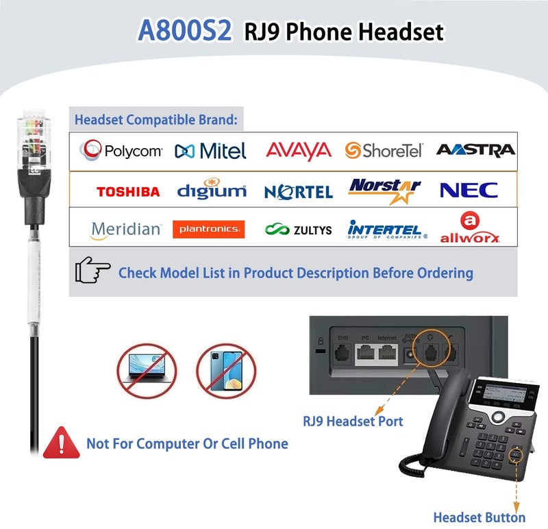 Arama Corded Telephone Headset Mono w/Noise Canceling Mic Compatible with ShoreTel Plantronics Polycom Zultys Toshiba NEC Aspire Dterm Nortel Norstar Meridian Packet8 Landline Deskphones(A800S2) - Image 3
