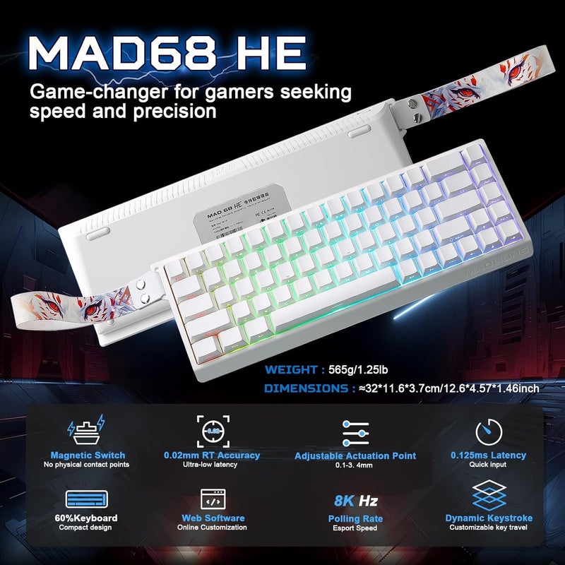 YUNZII x MADLIONS MAD68 HE Rapid Trigger Wired Magnetic Mechanical Gaming Keyboard 60% Hall Effect Adjustable Actuation,PBT Keycaps RGB Hot-Swap,8K Hz Polling Rate (White, Magnetic Amber Pro Switch) - Image 2
