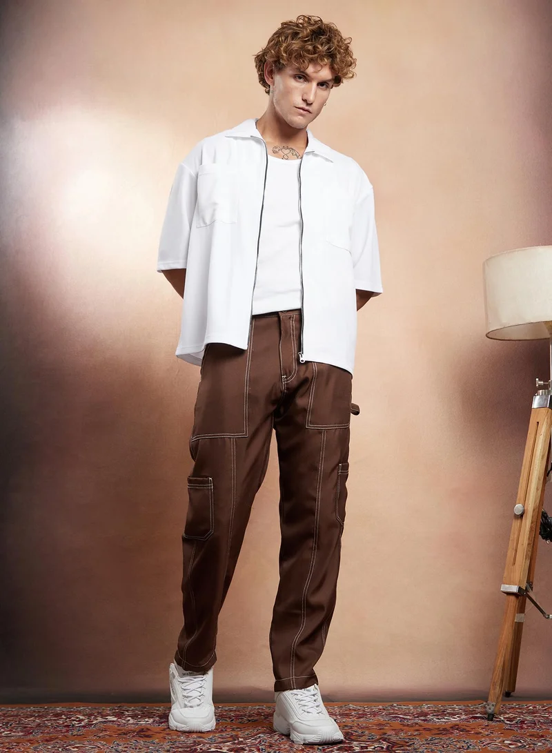 CAHOOT  Men's Mocha Brown Contrast-Stitch Carpenter Utility Trousers for Men | Best Price UAE