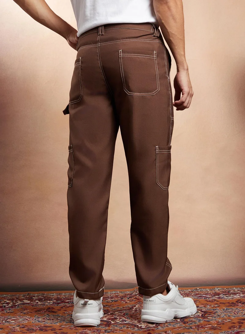 CAHOOT  Men's Mocha Brown Contrast-Stitch Carpenter Utility Trousers for Men | Best Price UAE