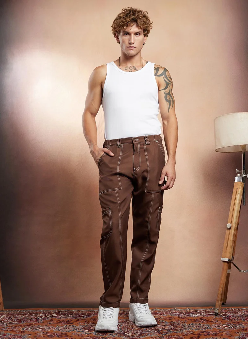 CAHOOT  Men's Mocha Brown Contrast-Stitch Carpenter Utility Trousers for Men | Best Price UAE