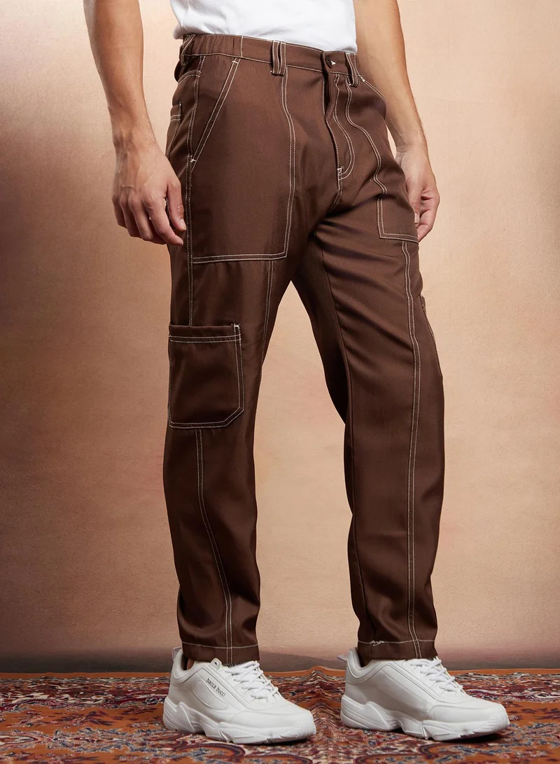 CAHOOT  Men's Mocha Brown Contrast-Stitch Carpenter Utility Trousers for Men | Best Price UAE
