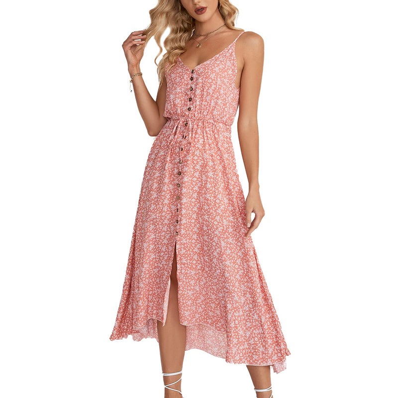 BROVAVE Women's 2025 Summer Casual Boho Sundress Polka Dot Spaghetti Strap V Neck Flowy Midi Dresses(008 Pink, Medium) - Image 1