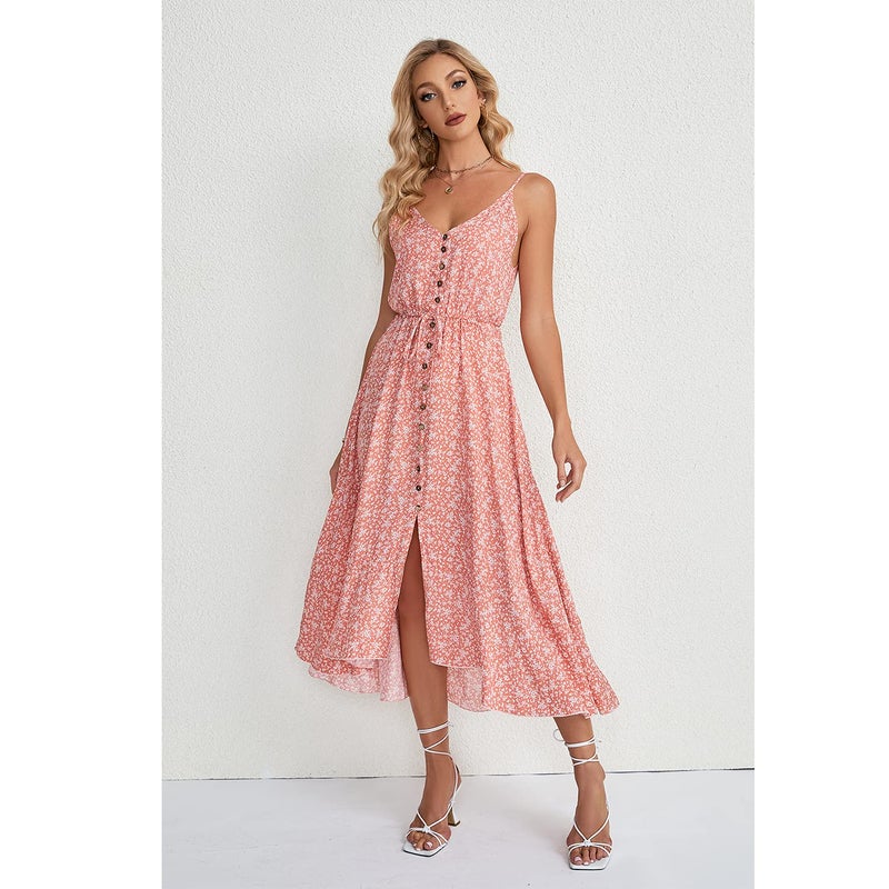 BROVAVE Women's 2025 Summer Casual Boho Sundress Polka Dot Spaghetti Strap V Neck Flowy Midi Dresses(008 Pink, Medium) - Image 2