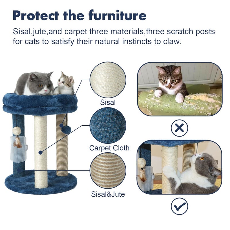 MECOOL Cat Scratching Post Tree with Tower Soft Bed.Natural Quality Sisal Carpet Jute Scratch Posts with Three Hanging Ball Toys and Massage Brush for Indoor Cats and Kittens Blue - Image 3