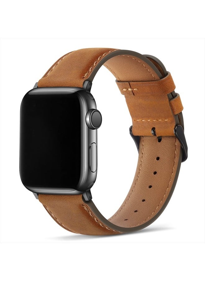Tasikar - Bands Compatible with Apple Watch Band 49mm 45mm 44mm 42mm Men Genuine Leather Replacement Bands Compatible with Apple Watch Ultra Series 8 7 (45mm) SE 6 5 4 (44mm) 3 2 1 (42mm) - Light Brown - Image 1