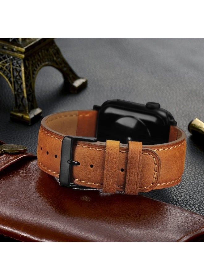 Tasikar - Bands Compatible with Apple Watch Band 49mm 45mm 44mm 42mm Men Genuine Leather Replacement Bands Compatible with Apple Watch Ultra Series 8 7 (45mm) SE 6 5 4 (44mm) 3 2 1 (42mm) - Light Brown - Image 1