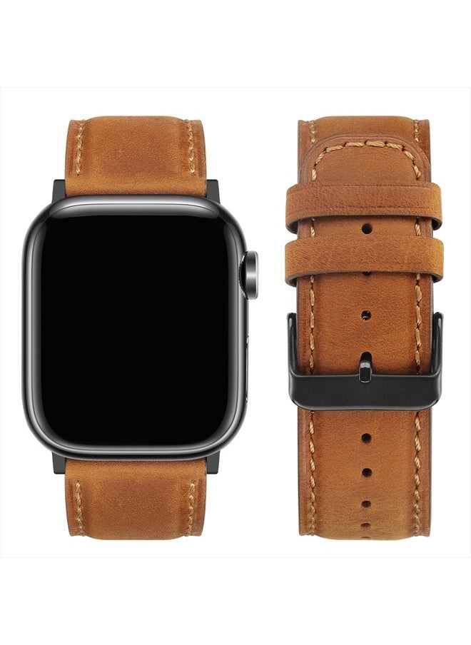 Tasikar - Bands Compatible with Apple Watch Band 49mm 45mm 44mm 42mm Men Genuine Leather Replacement Bands Compatible with Apple Watch Ultra Series 8 7 (45mm) SE 6 5 4 (44mm) 3 2 1 (42mm) - Light Brown - Image 1