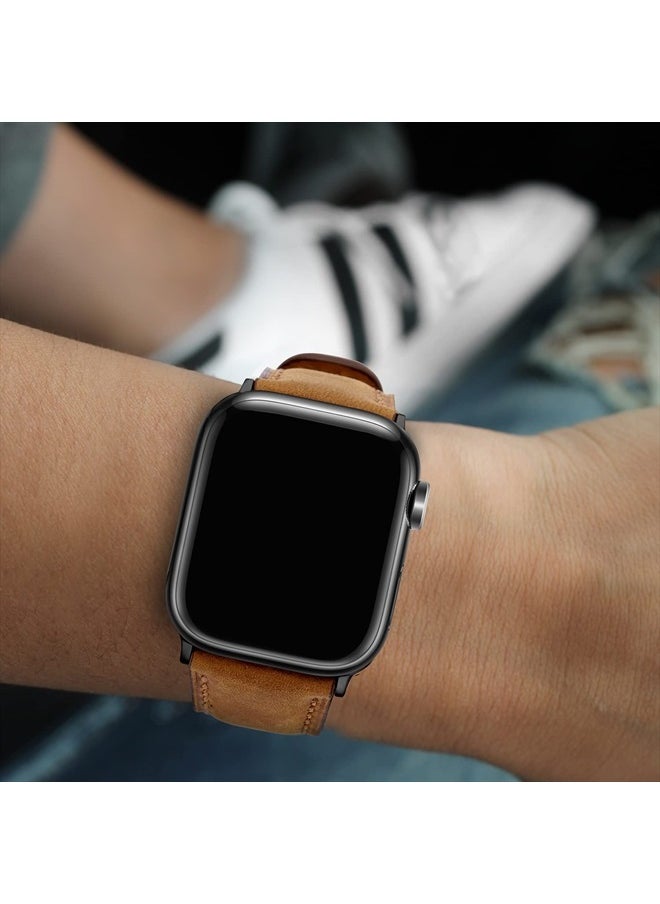 Tasikar - Bands Compatible with Apple Watch Band 49mm 45mm 44mm 42mm Men Genuine Leather Replacement Bands Compatible with Apple Watch Ultra Series 8 7 (45mm) SE 6 5 4 (44mm) 3 2 1 (42mm) - Light Brown - Image 1