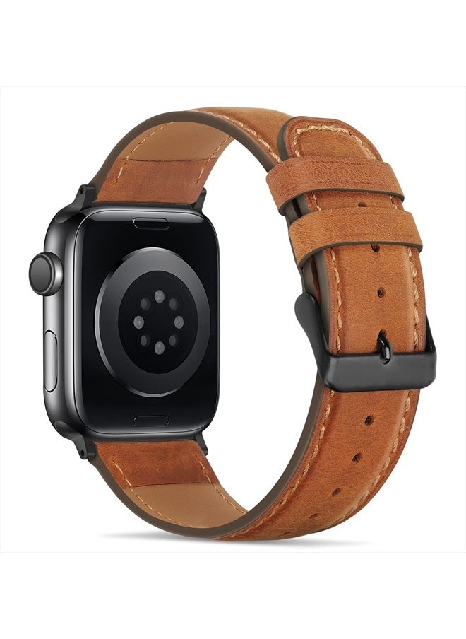 Tasikar - Bands Compatible with Apple Watch Band 49mm 45mm 44mm 42mm Men Genuine Leather Replacement Bands Compatible with Apple Watch Ultra Series 8 7 (45mm) SE 6 5 4 (44mm) 3 2 1 (42mm) - Light Brown - Image 1