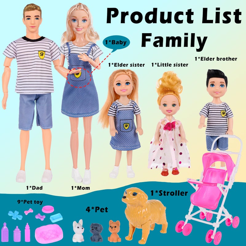 dollbie Dolls Family Playset with Baby Stroller Set- 6 People, Pets & Accessories for 3-12 Years Old | Toddler Gift with Pregnant Mom, Dad, 3 Kids, Dogs, and Interactive Play - Image 2
