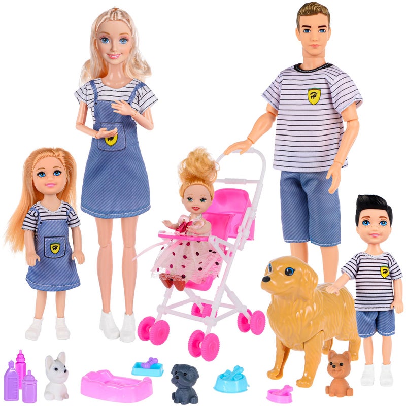 dollbie Dolls Family Playset with Baby Stroller Set- 6 People, Pets & Accessories for 3-12 Years Old | Toddler Gift with Pregnant Mom, Dad, 3 Kids, Dogs, and Interactive Play - Image 1