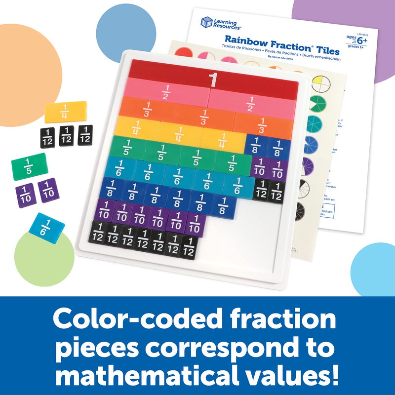 Learning Resources Rainbow Fraction Tiles - 54 Pieces, Ages 6+ Early Math Skills, Visual Aid, Math for Kids, Teacher Supplies - Image 3