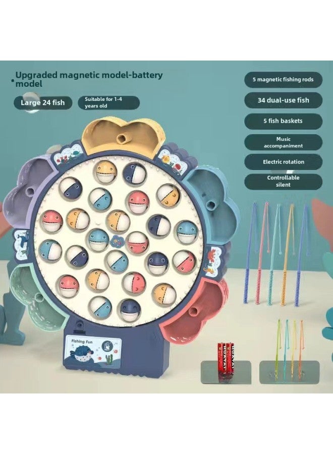 Children's Multifunctional Electric Rotating Magnetic Fishing Plate Toy 2-3 Years Old Baby Two Years Old Early Education Puzzle-Color:Blue 【Magnetic Battery 1-4 Years Old】 34 Pairs Of Fish +9 Rod + Music (adjustable Mute) - Image 1