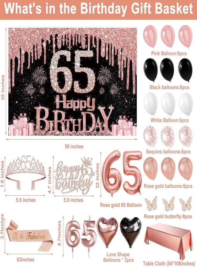 Juesly 65th Birthday Decorations for Women, 49pcs Black Rose Gold Black Happy 65th Birthday Banner, Tablecloth, Butterfly Decor, Sash and Tiara, Cake Topper, Candles, Balloons Arch - Image 3