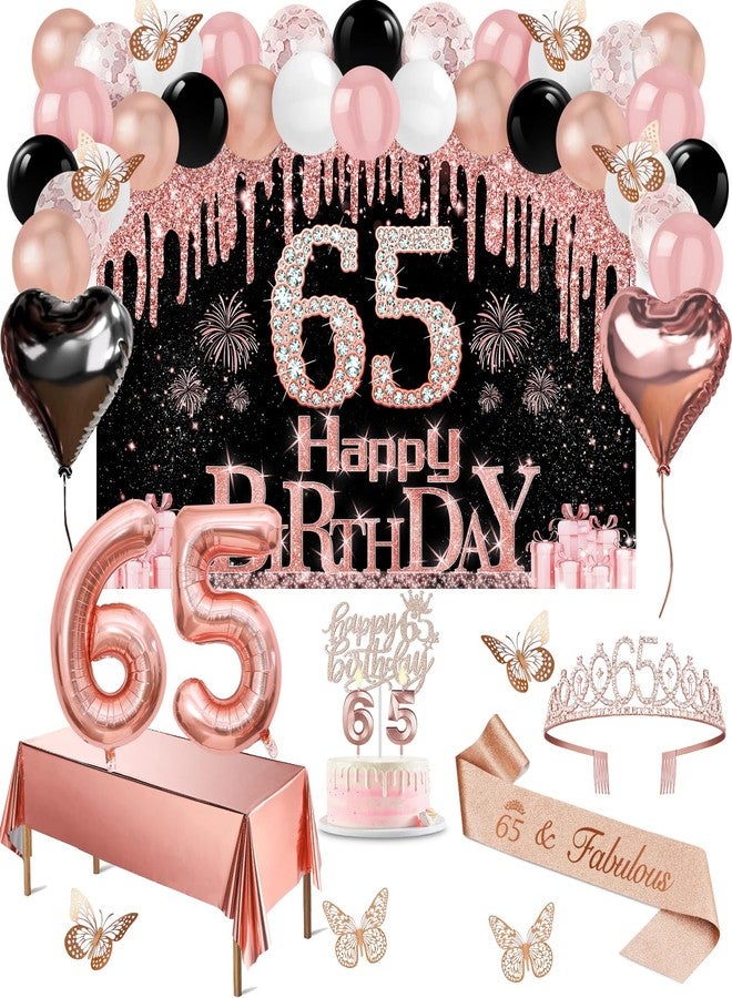 Juesly 65th Birthday Decorations for Women, 49pcs Black Rose Gold Black Happy 65th Birthday Banner, Tablecloth, Butterfly Decor, Sash and Tiara, Cake Topper, Candles, Balloons Arch - Image 1