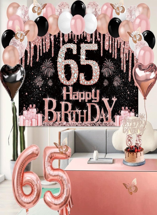 Juesly 65th Birthday Decorations for Women, 49pcs Black Rose Gold Black Happy 65th Birthday Banner, Tablecloth, Butterfly Decor, Sash and Tiara, Cake Topper, Candles, Balloons Arch - Image 4