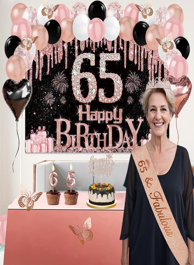 Juesly 65th Birthday Decorations for Women, 49pcs Black Rose Gold Black Happy 65th Birthday Banner, Tablecloth, Butterfly Decor, Sash and Tiara, Cake Topper, Candles, Balloons Arch - Image 2