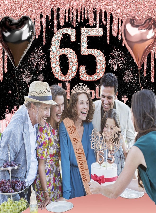 Juesly 65th Birthday Decorations for Women, 49pcs Black Rose Gold Black Happy 65th Birthday Banner, Tablecloth, Butterfly Decor, Sash and Tiara, Cake Topper, Candles, Balloons Arch - Image 5