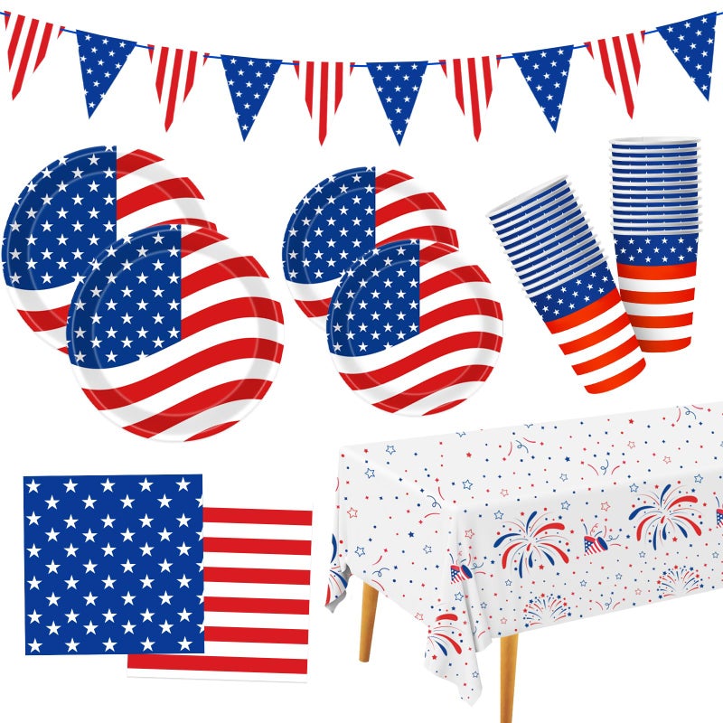 Labrostar 4th of July Decorations Patriotic Party Supplies Disposable Plates Napkins Cups Tablecloth and American Flag Pennant Decor for Fourth of July Independence Veterans Election Memorial Day Serve 25 - Image 2