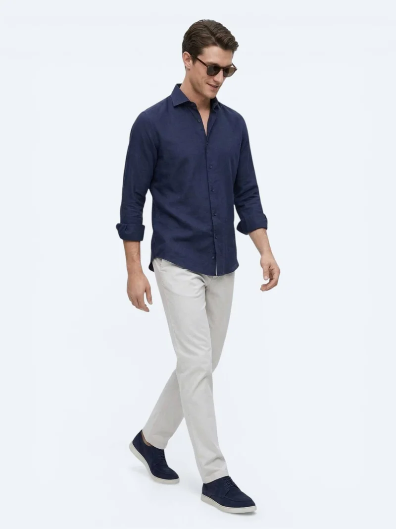 Kip Navy Blue Plain Regular Fit Long Weaving Casual Cotton Blended Shirt