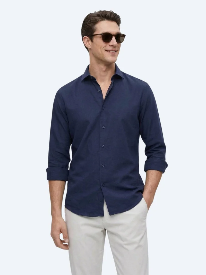 Kip Navy Blue Plain Regular Fit Long Weaving Casual Cotton Blended Shirt