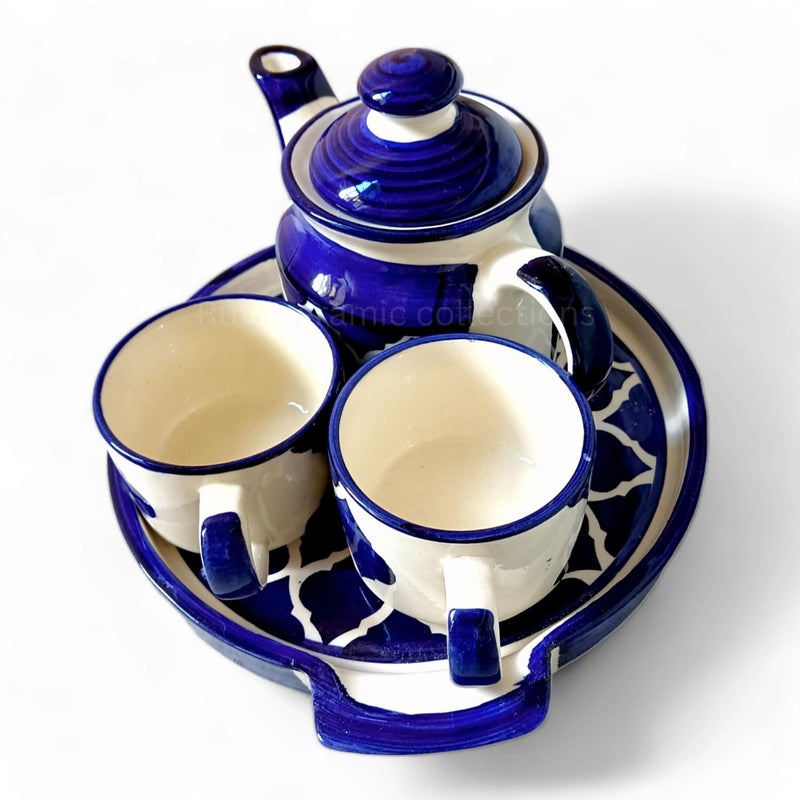 Ruvi CeramicCollections طقم إبريق شاي سيراميك روفي مطلي يدوي، يتكون من 2 كوب (180 مل)، إبريق (600 مل) وصينية (عبوة شاي مجانية) (أزرق) - Image 5