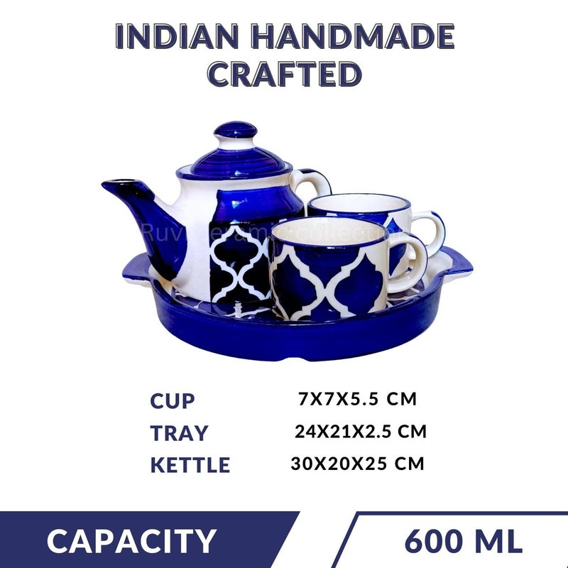 Ruvi CeramicCollections طقم إبريق شاي سيراميك روفي مطلي يدوي، يتكون من 2 كوب (180 مل)، إبريق (600 مل) وصينية (عبوة شاي مجانية) (أزرق) - Image 4