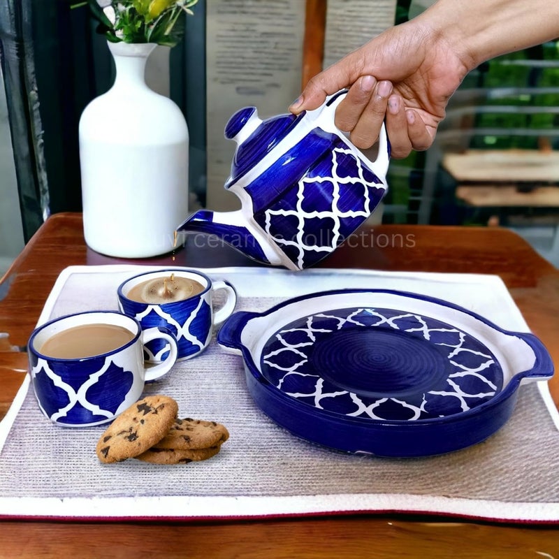 Ruvi CeramicCollections طقم إبريق شاي سيراميك روفي مطلي يدوي، يتكون من 2 كوب (180 مل)، إبريق (600 مل) وصينية (عبوة شاي مجانية) (أزرق) - Image 2