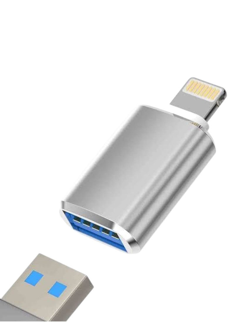 OTG Lightning to USB Adapter - Supports Camera, Card Reader, Mouse, Keyboard, USB Drive, Compatible with iPhone 12/11/8/7/Plus/Max/XR/X/XS - Silver