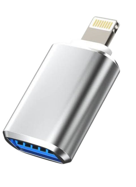 OTG Lightning to USB Adapter - Supports Camera, Card Reader, Mouse, Keyboard, USB Drive, Compatible with iPhone 12/11/8/7/Plus/Max/XR/X/XS - Silver