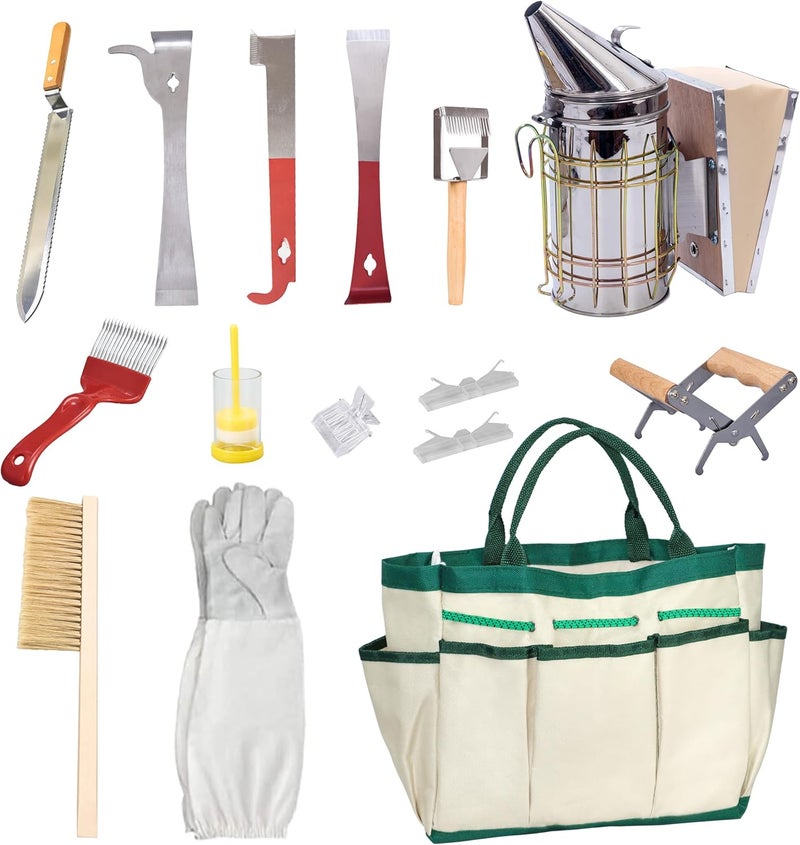 BeeCastle 14 Pcs Beekeeping Tools Starter Kit, Bee Keeping Supplies-All Bee Hive Tools Kit with Organizer Tote and Beekeeping Gloves for Beginners and pro Beekeepers - Image 1