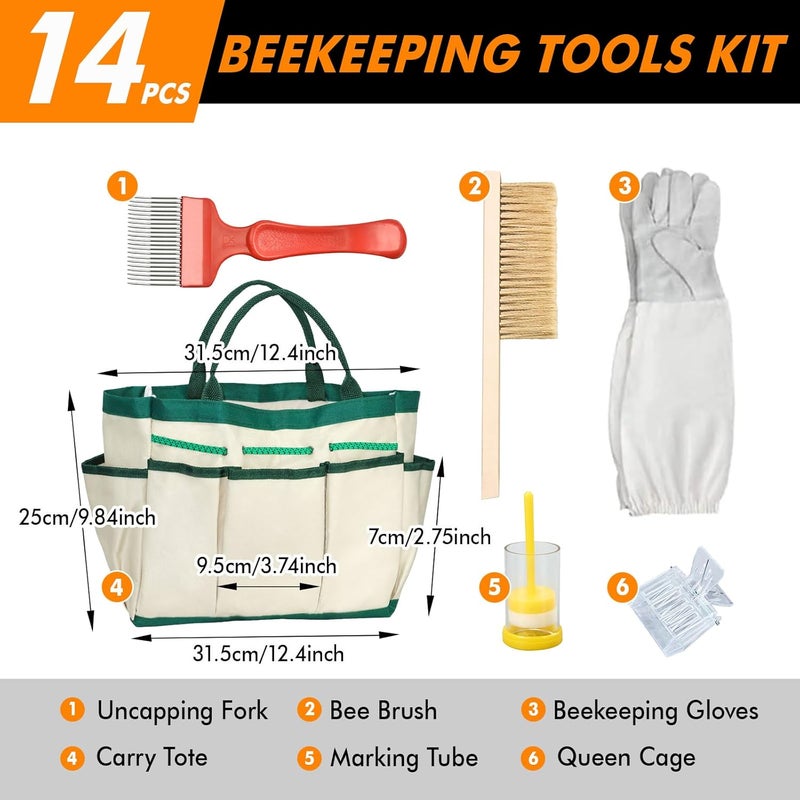 BeeCastle 14 Pcs Beekeeping Tools Starter Kit, Bee Keeping Supplies-All Bee Hive Tools Kit with Organizer Tote and Beekeeping Gloves for Beginners and pro Beekeepers - Image 3