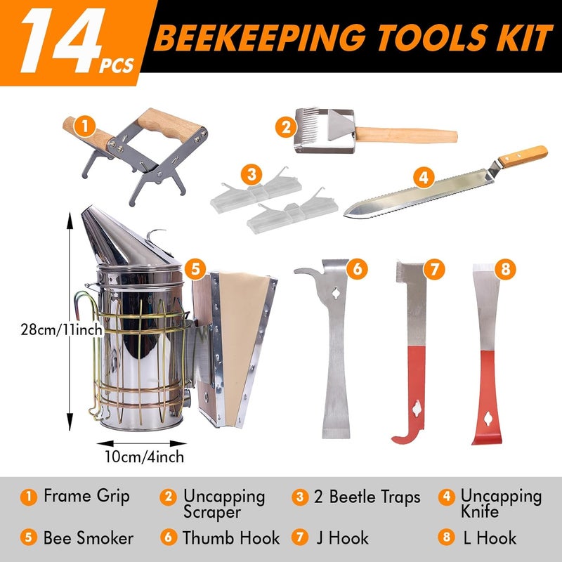BeeCastle 14 Pcs Beekeeping Tools Starter Kit, Bee Keeping Supplies-All Bee Hive Tools Kit with Organizer Tote and Beekeeping Gloves for Beginners and pro Beekeepers - Image 2