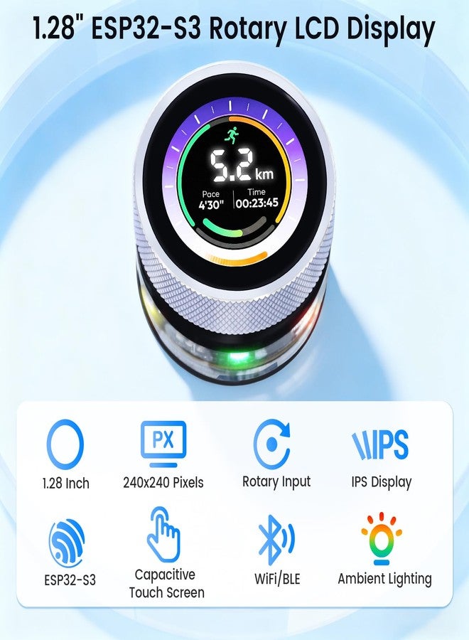 ELECROW ESP32 Rotary Display 240x240-1.28 Inch HMI IPS Round Knob Touch Display Development Board, 2.4G WiFi and BLE Capacitive Touch Screen Compatible with Arduino IDE and The LVGL Library, Silver - Image 2
