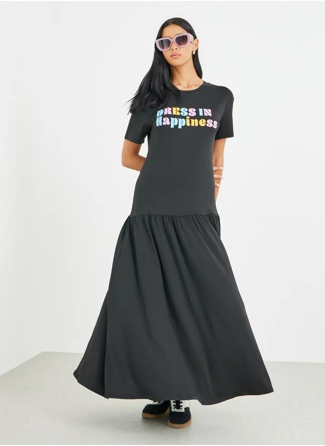 تايك تو Take Two Slogan Print Short Sleeve T-Shirt Maxi Dress