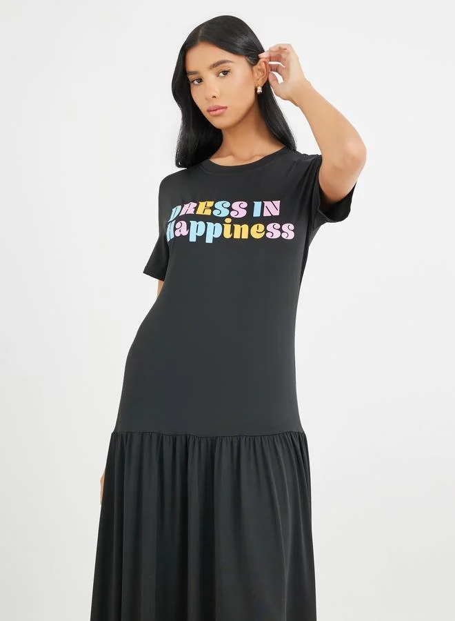 Take Two Take Two Slogan Print Short Sleeve T-Shirt Maxi Dress