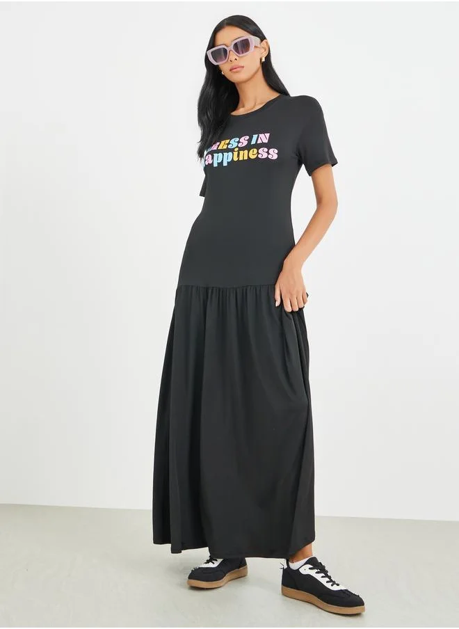 تايك تو Take Two Slogan Print Short Sleeve T-Shirt Maxi Dress