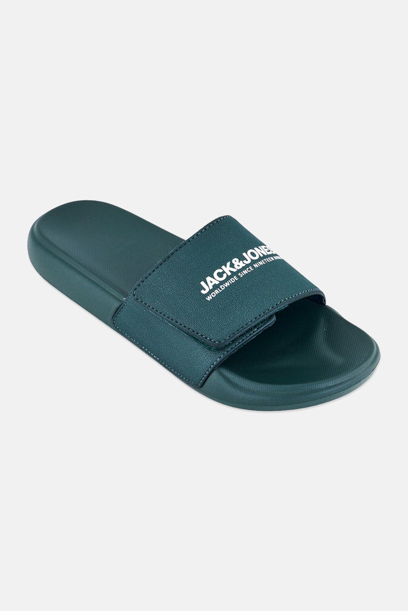JACK & JONES Men Brand Logo Slip On Slides, Green - Image 1