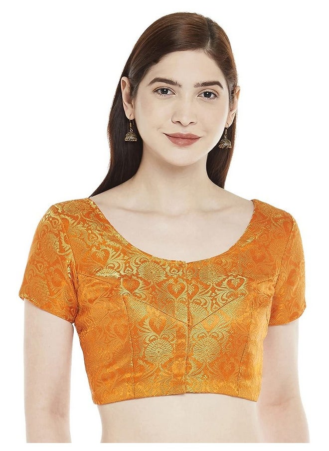 Studio Shringaar - Studio Shringaar Women's Benaras Brocade Short Sleeves Readymade Saree Blouse,(Orange,36) - Image 1