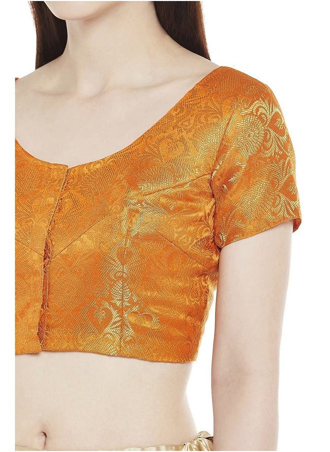 Studio Shringaar - Studio Shringaar Women's Benaras Brocade Short Sleeves Readymade Saree Blouse,(Orange,36) - Image 1